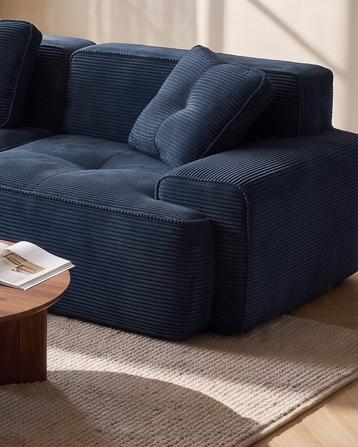 Tufted Corduroy Modular Loveseat with Ottoman in Blue, close-up of the right end