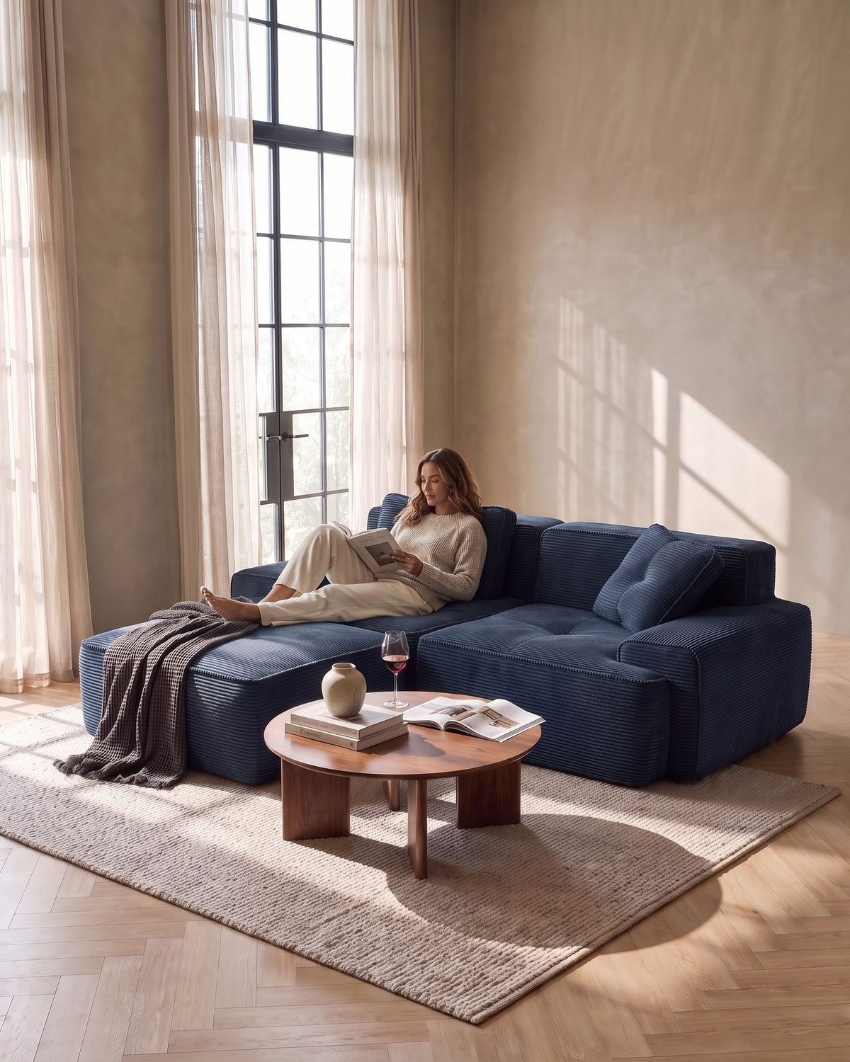 Tufted Corduroy Modular Loveseat with Ottoman in Blue, with a person relaxing on it