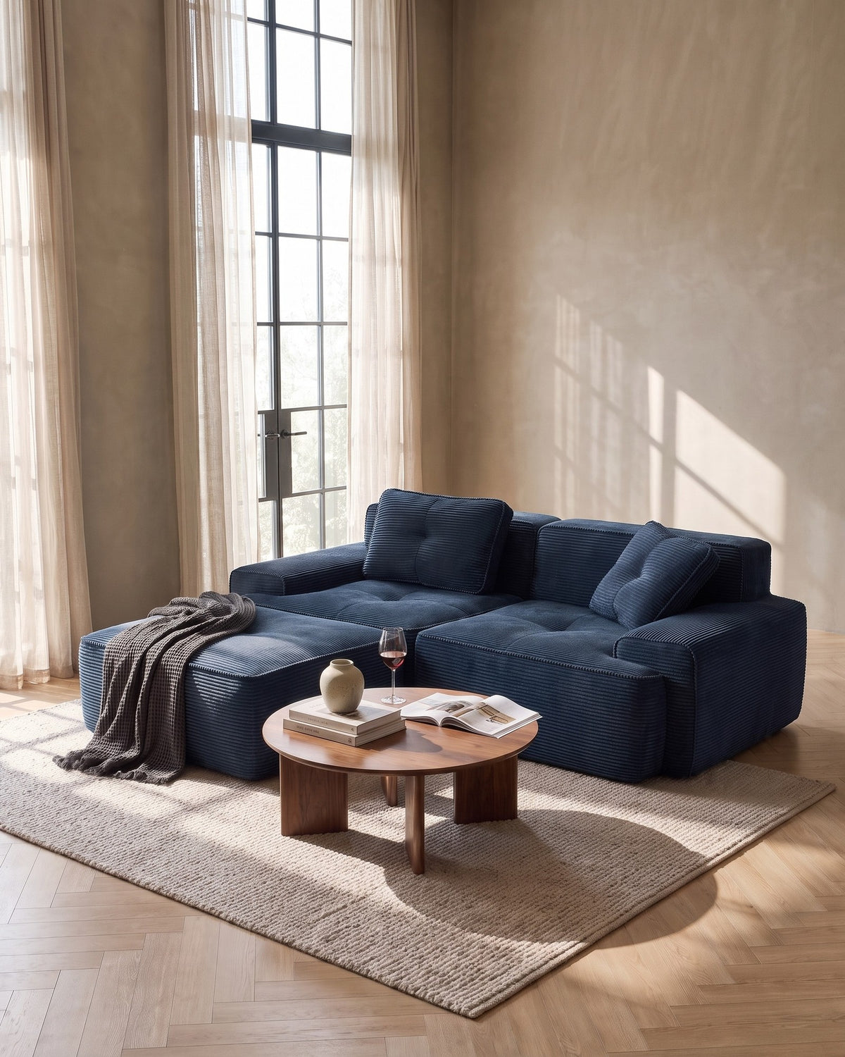 Tufted Corduroy Modular Loveseat with Ottoman in Blue, styled in a bright living room