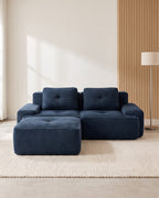 Tufted Corduroy Modular Loveseat with Ottoman in Blue, styled in a bright living room [c:blue] [r:good]