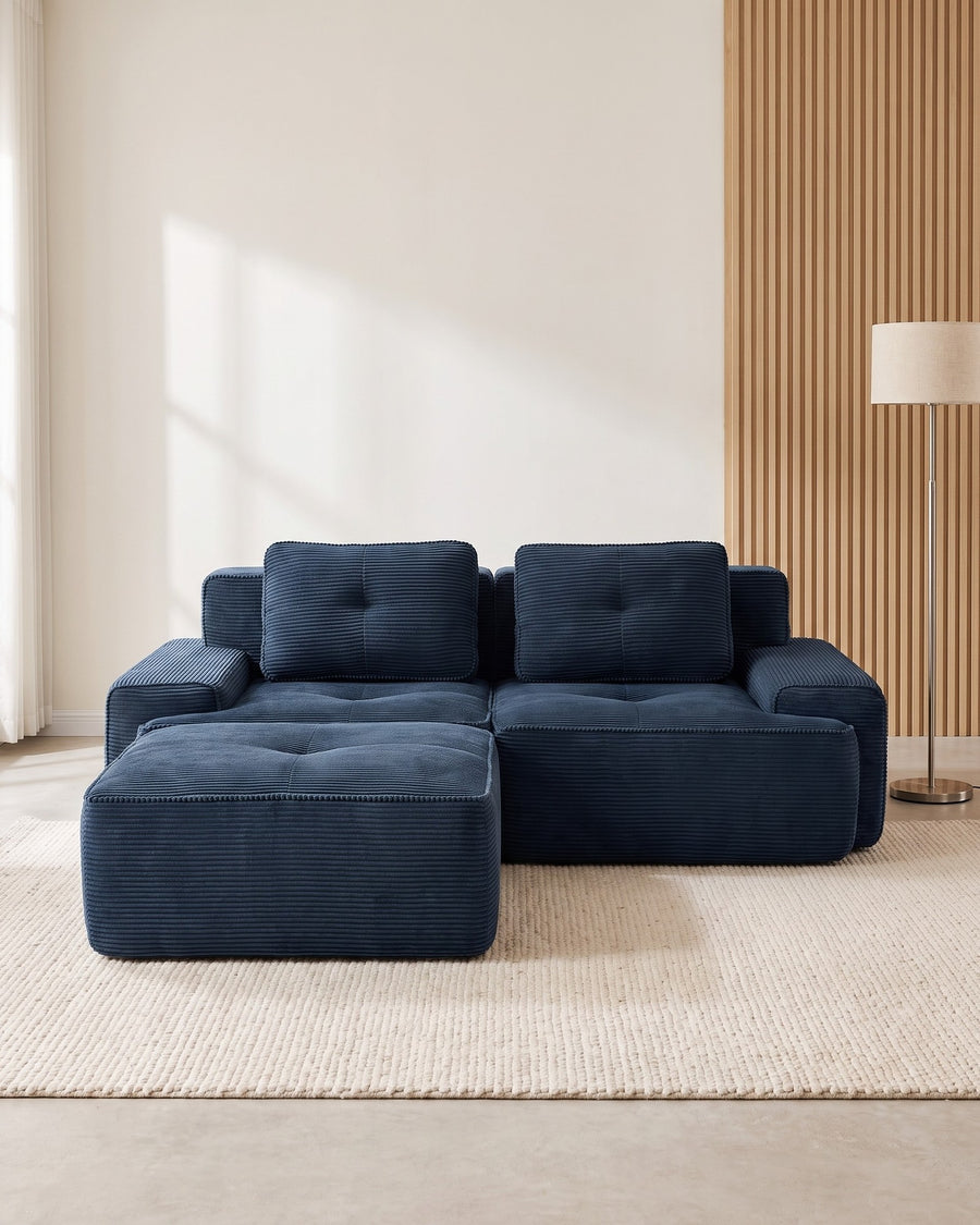 Tufted Corduroy Modular Loveseat with Ottoman in a living room
