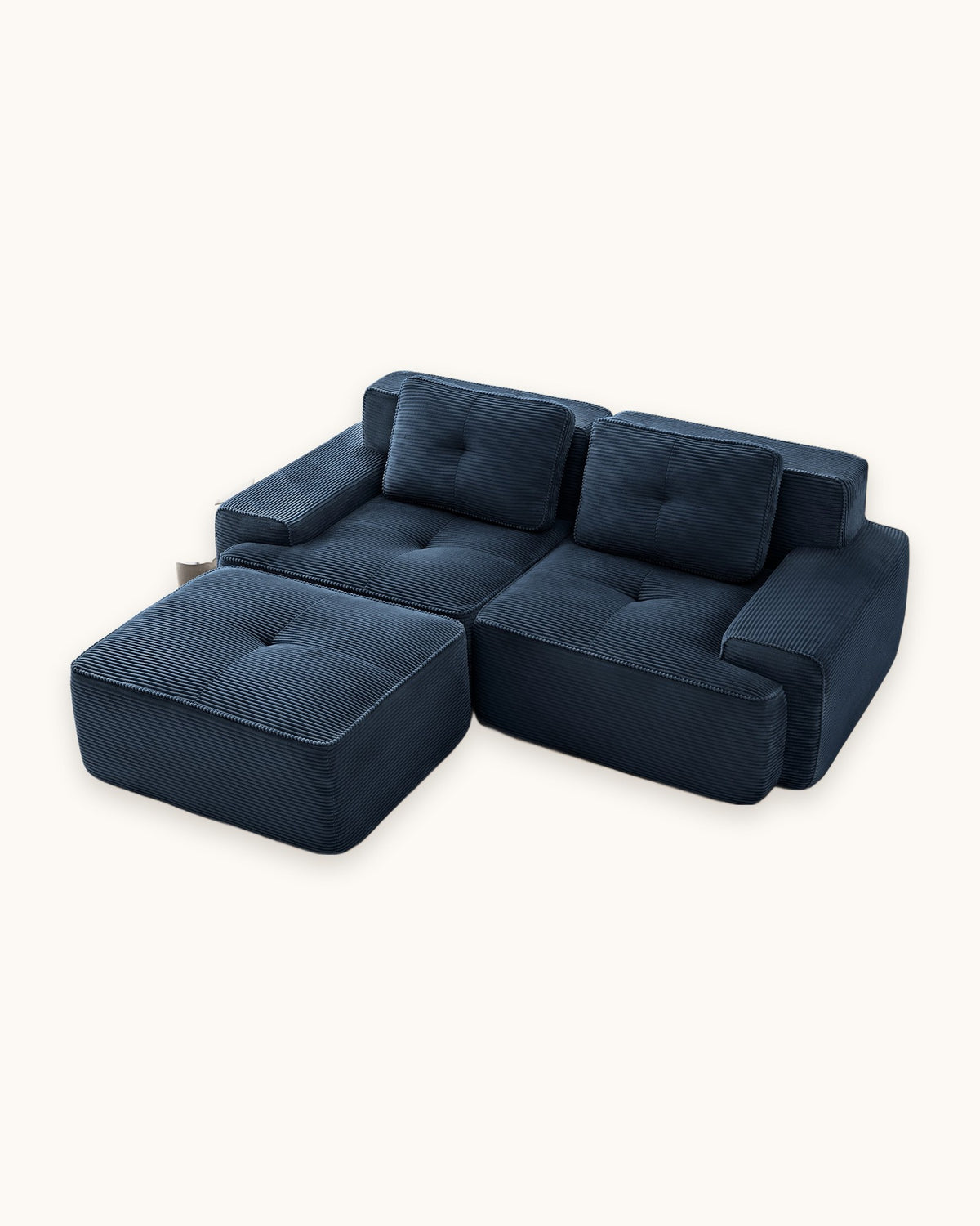 Tufted Corduroy Modular Loveseat with Ottoman in Blue, studio photo on a light background
