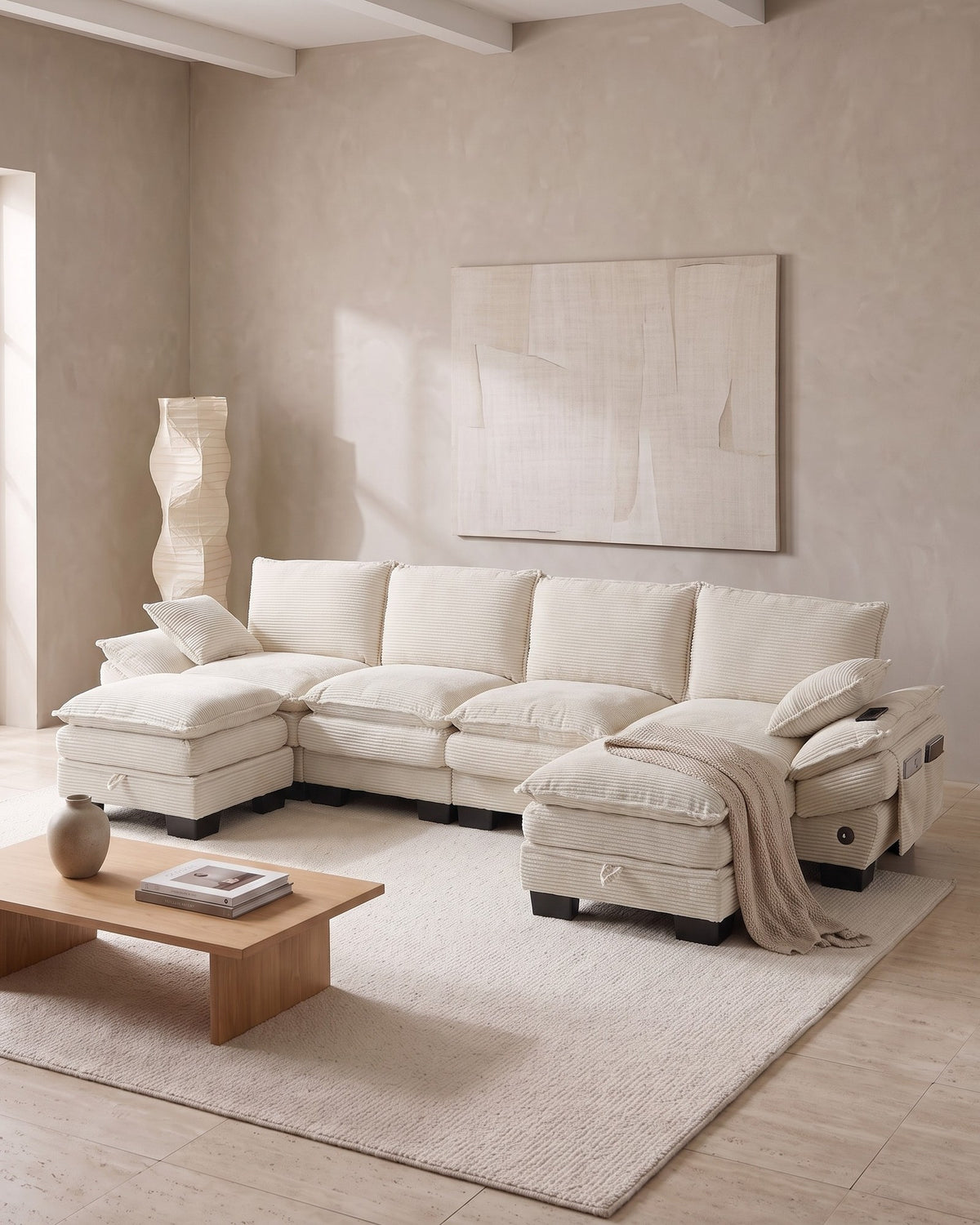 U-Shaped Corduroy Cloud Sectional with 2 Storage Ottomans, 130 in in Beige, styled in a bright living room
