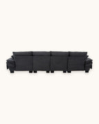 U-Shaped Corduroy Cloud Sectional with 2 Storage Ottomans, 130 in in Dark Grey, back view [c:darkgrey]