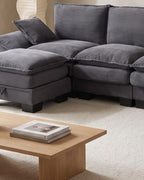 U-Shaped Corduroy Cloud Sectional with 2 Storage Ottomans, 130 in in Dark Grey, close-up of the left end [c:darkgrey] [r:detail]