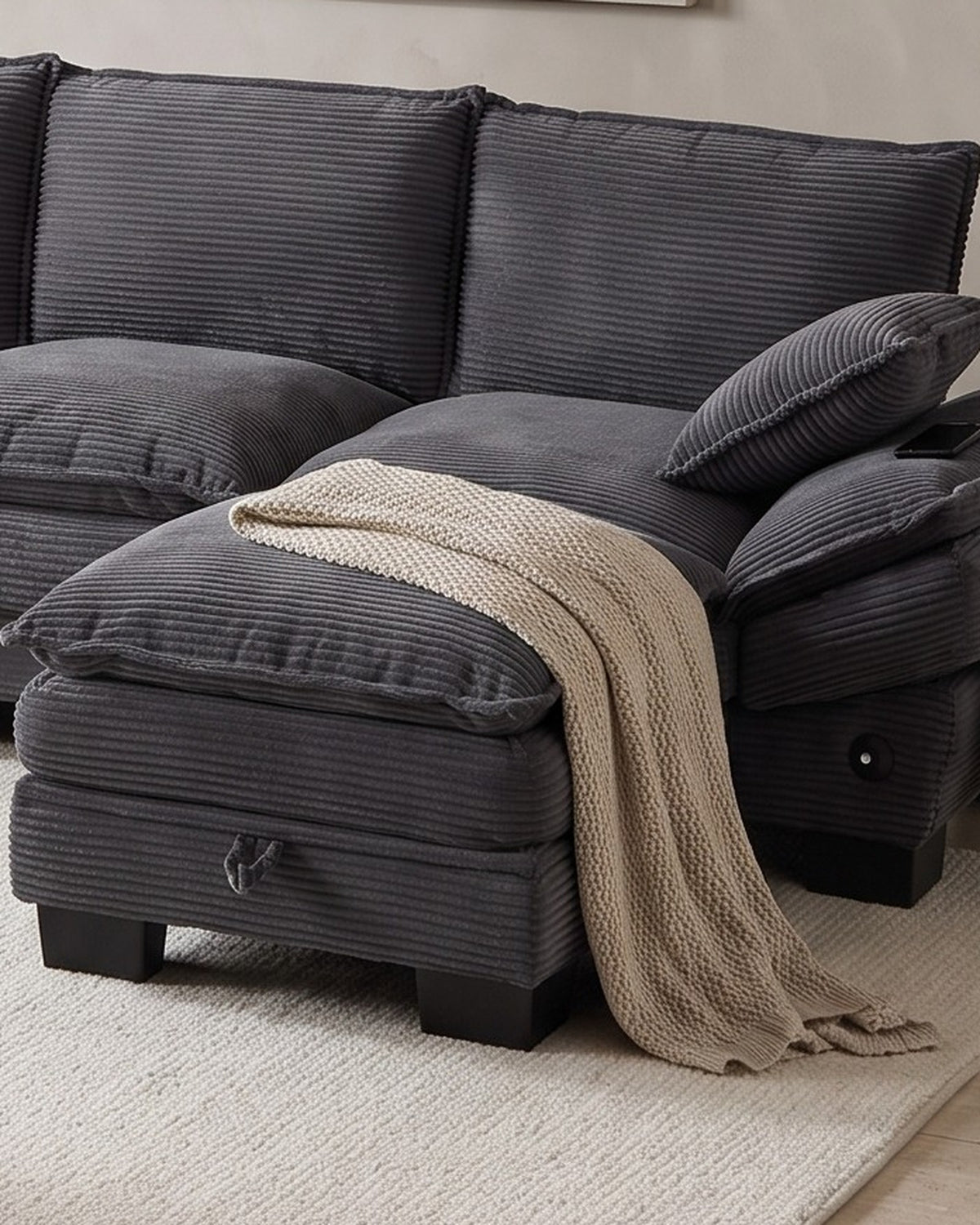 U-Shaped Corduroy Cloud Sectional with 2 Storage Ottomans, 130 in in Dark Grey, close-up of the right end