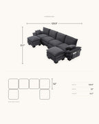 U-Shaped Corduroy Cloud Sectional with 2 Storage Ottomans, 130 in in Dark Grey, dimensions diagram in inches [c:darkgrey] [r:dims]