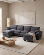 U-Shaped Corduroy Cloud Sectional with 2 Storage Ottomans, 130 in in Dark Grey, styled in a bright living room [c:darkgrey] [r:good]