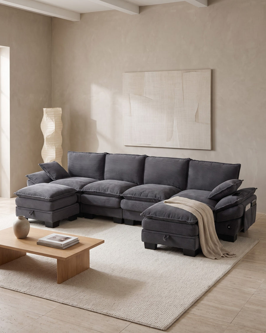U-Shaped Corduroy Cloud Sectional with 2 Storage Ottomans in a living room