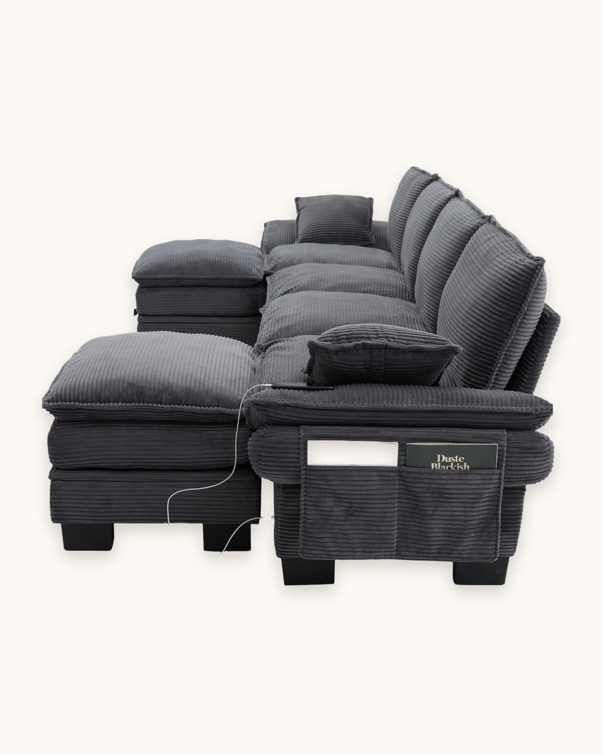 U-Shaped Corduroy Cloud Sectional with 2 Storage Ottomans, 130 in in Dark Grey, side view