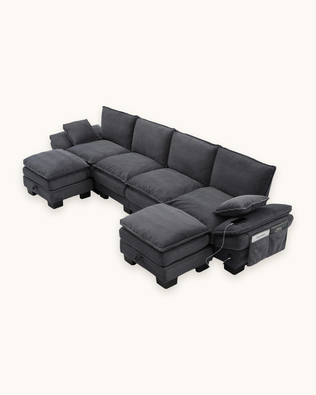 U-Shaped Corduroy Cloud Sectional with 2 Storage Ottomans, 130 in in Dark Grey, studio photo on a light background