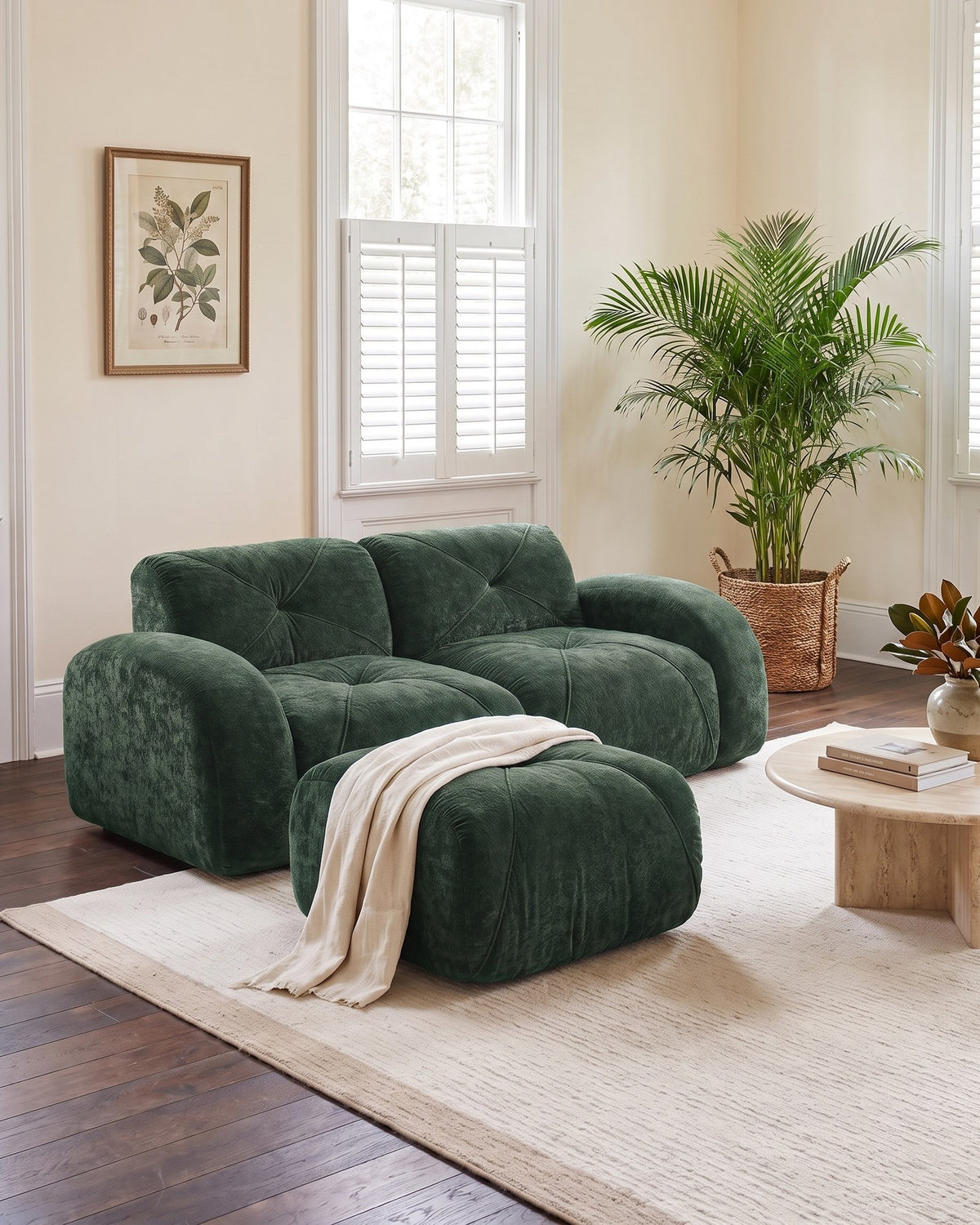 Velvet Boneless Loveseat with Ottoman, 80 in in Green, styled in a bright living room