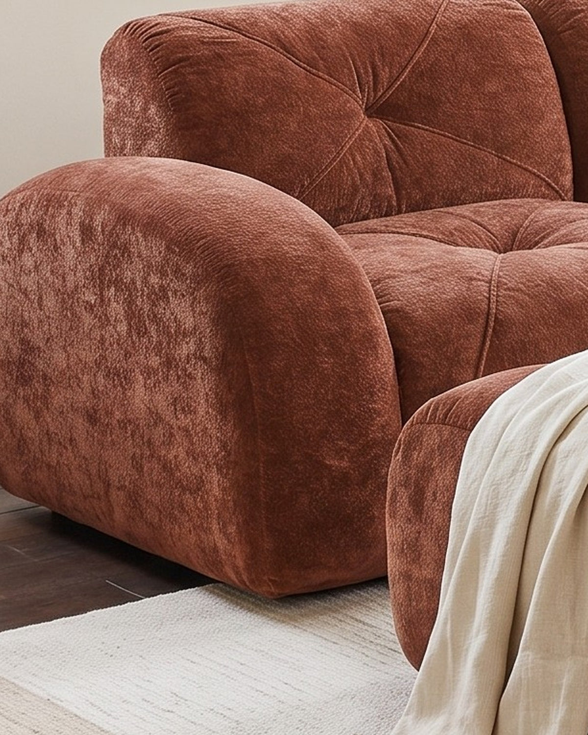 Velvet Boneless Loveseat with Ottoman, 80 in in Rust, close-up of the left end