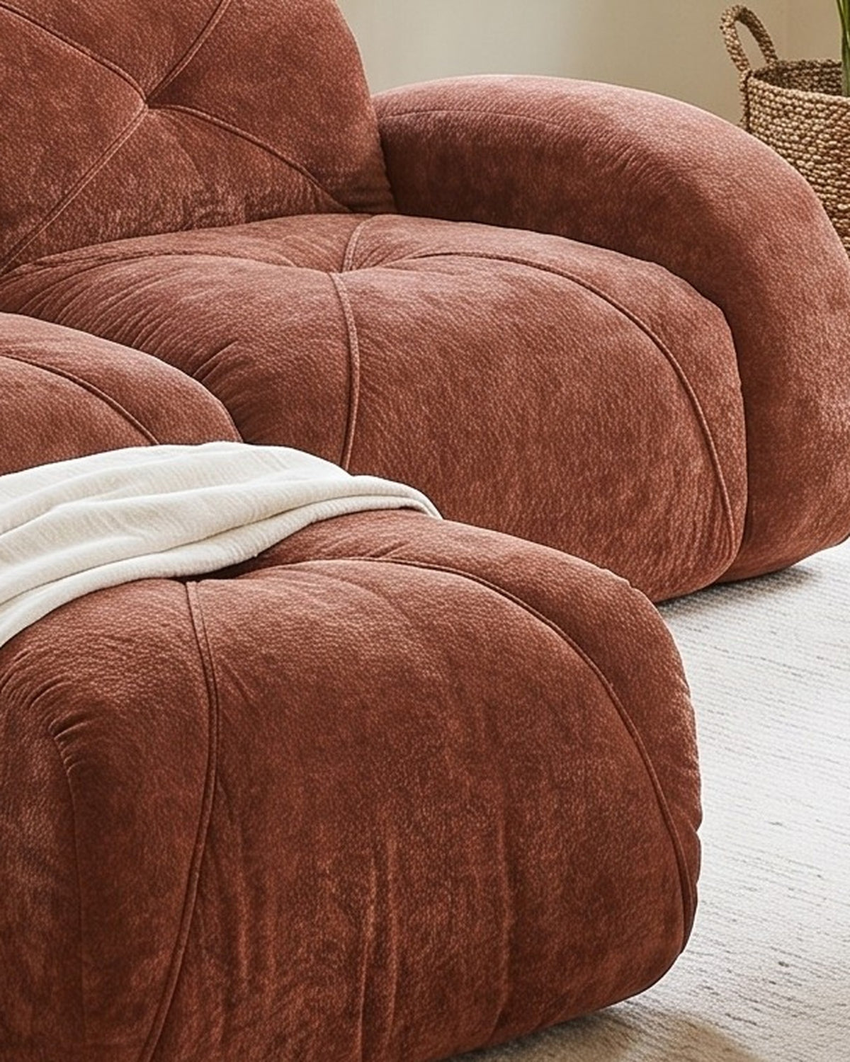 Velvet Boneless Loveseat with Ottoman, 80 in in Rust, close-up of the right end