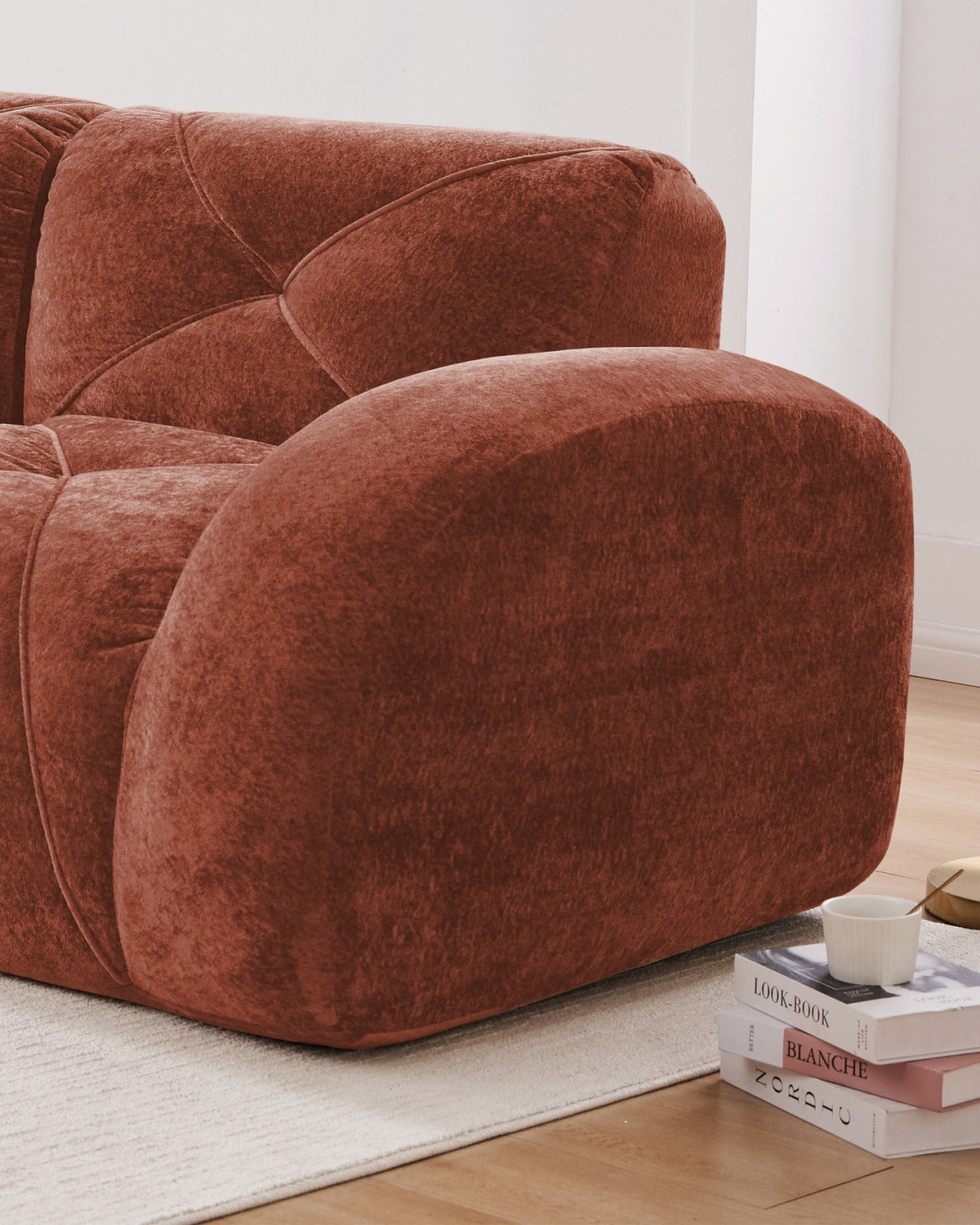 Velvet Boneless Loveseat with Ottoman, 80 in in Rust, fabric close-up