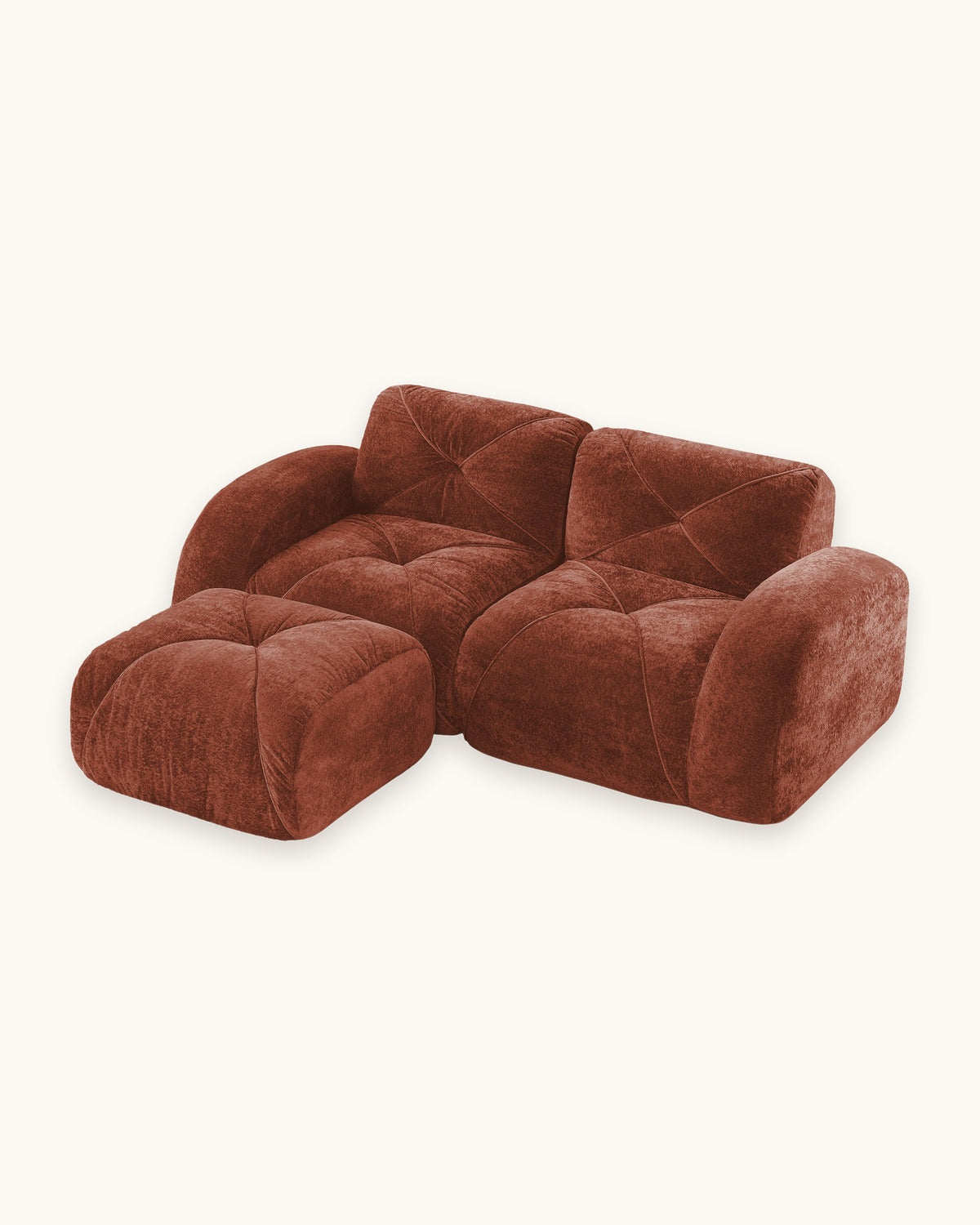 Velvet Boneless Loveseat with Ottoman, 80 in in Rust, studio photo on a light background