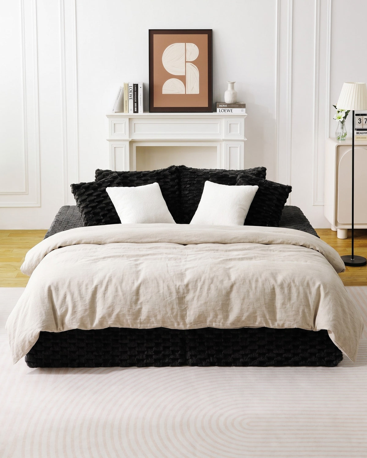 Velvet Double Chaise Lounge Sofa, 72 in in Black, unfolded into a bed