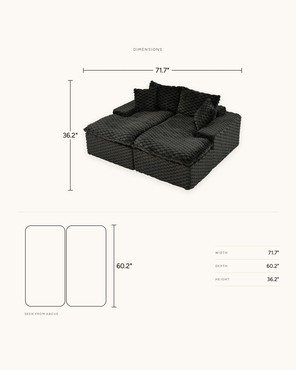 Velvet Double Chaise Lounge Sofa, 72 in in Black, dimensions diagram in inches