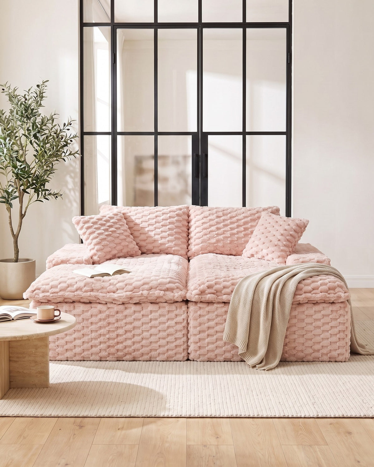 Velvet Double Chaise Lounge Sofa, 72 in in Pink, styled in a bright living room