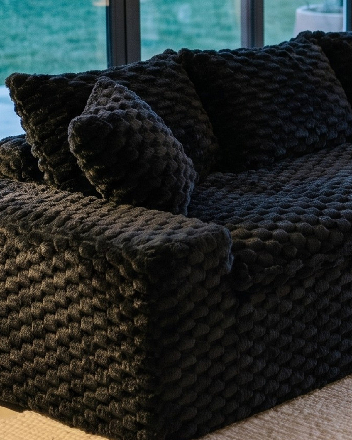 Velvet Modular Sofa, 4 Seats, 120 in in Black, close-up of the left end