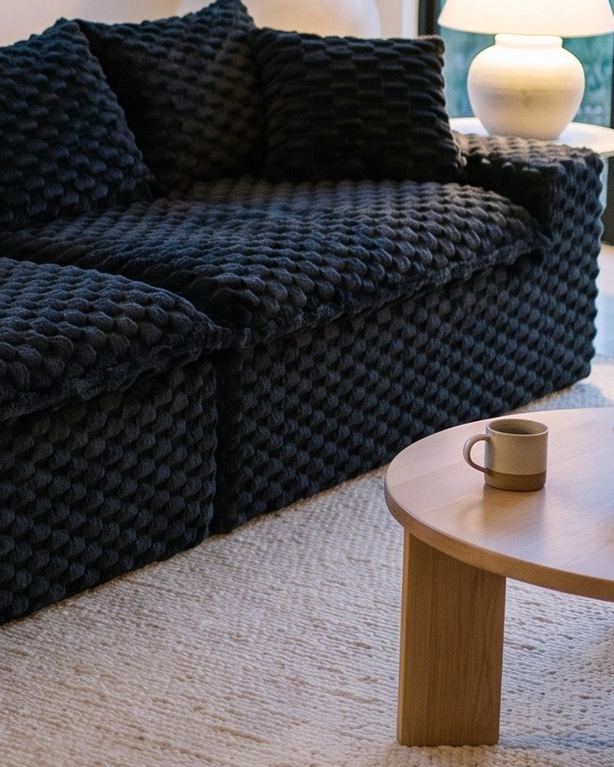 Velvet Modular Sofa, 4 Seats, 120 in in Black, close-up of the right end