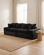 Velvet Modular Sofa, 4 Seats, 120 in in Black, styled in a bright living room [c:black] [r:good]